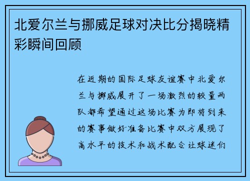 北爱尔兰与挪威足球对决比分揭晓精彩瞬间回顾